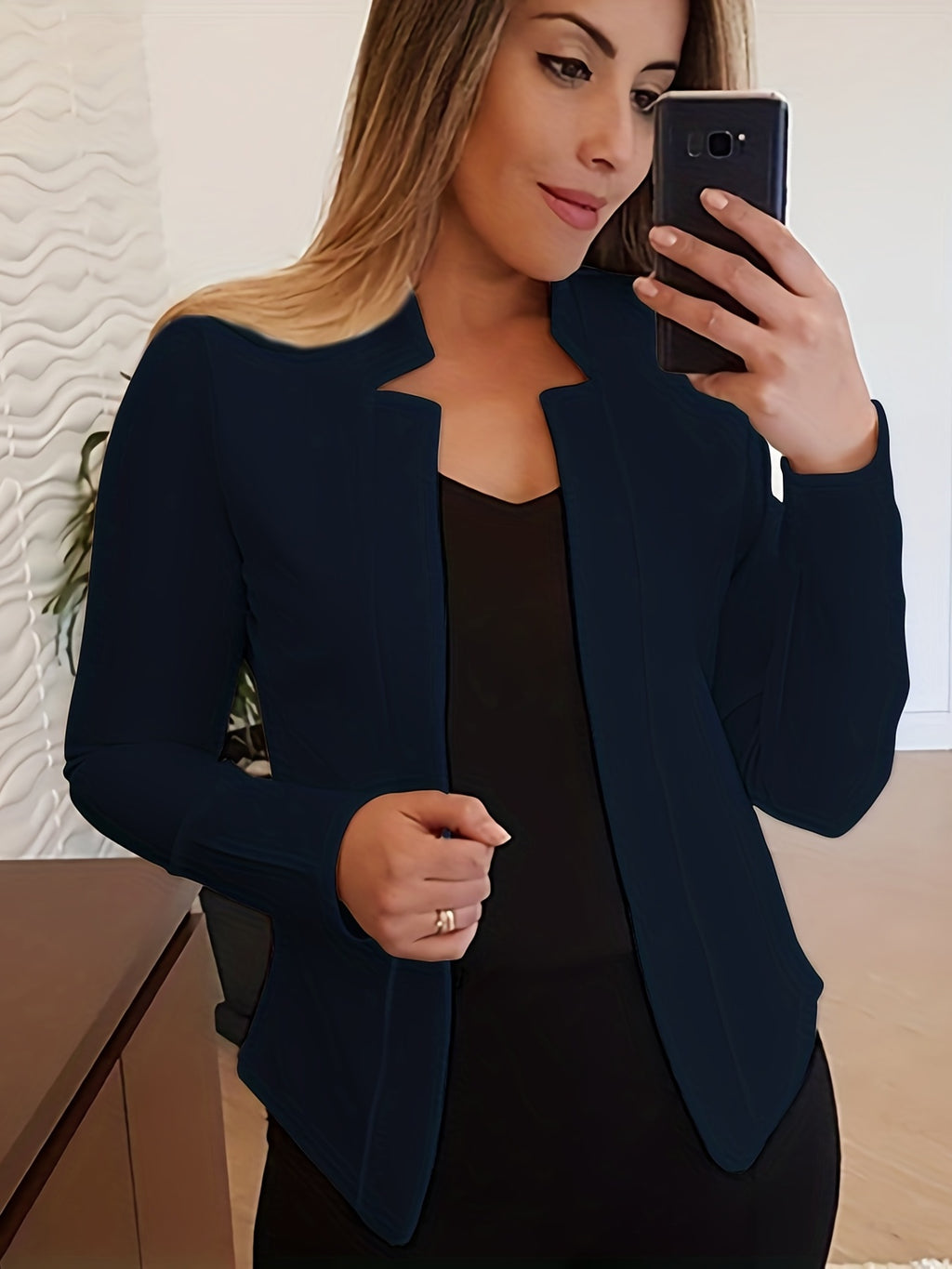 Elegant Solid Color Long Sleeve Women's Cardigan - 95% Polyester 5% Spandex Knit Fabric, Regular Fit H-Line Open Front Jacket with Quilted Detail for All Seasons