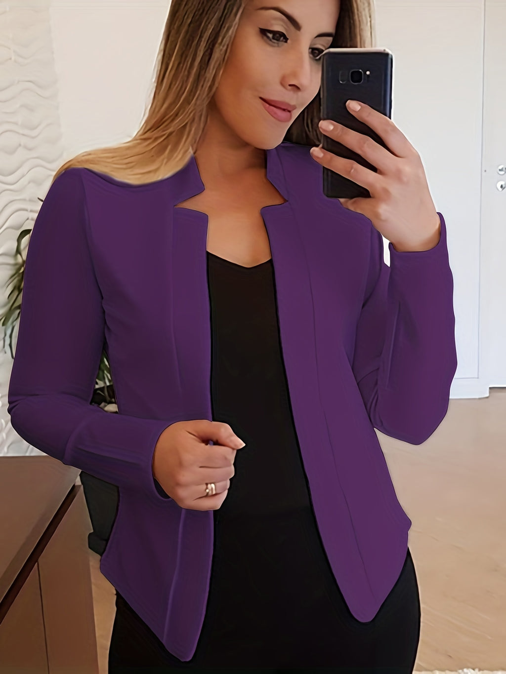 Elegant Solid Color Long Sleeve Women's Cardigan - 95% Polyester 5% Spandex Knit Fabric, Regular Fit H-Line Open Front Jacket with Quilted Detail for All Seasons