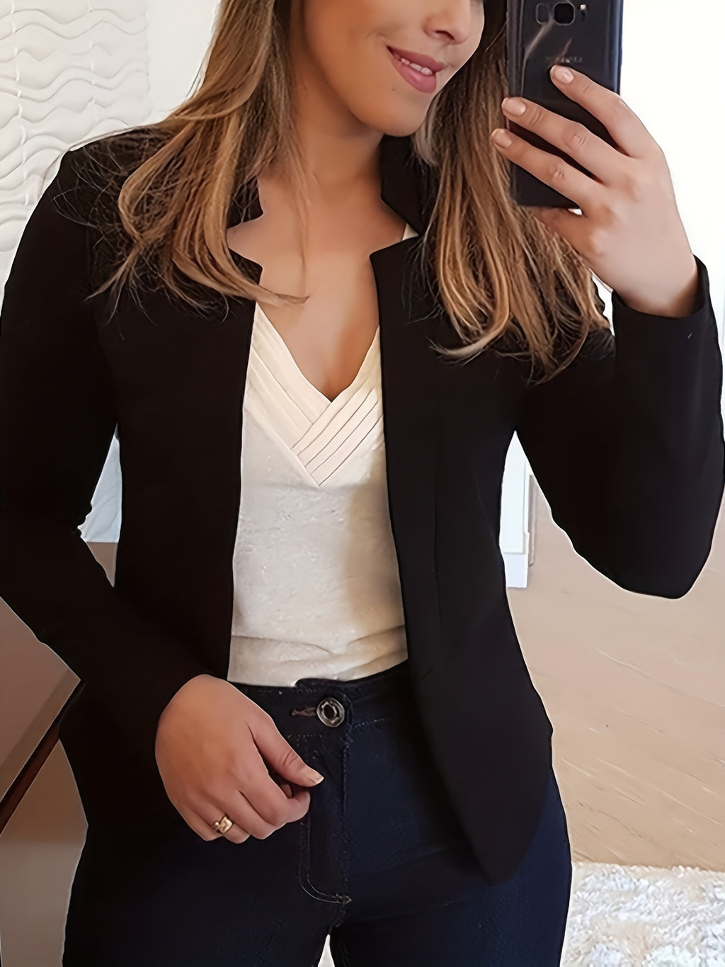 Elegant Solid Color Long Sleeve Women's Cardigan - 95% Polyester 5% Spandex Knit Fabric, Regular Fit H-Line Open Front Jacket with Quilted Detail for All Seasons