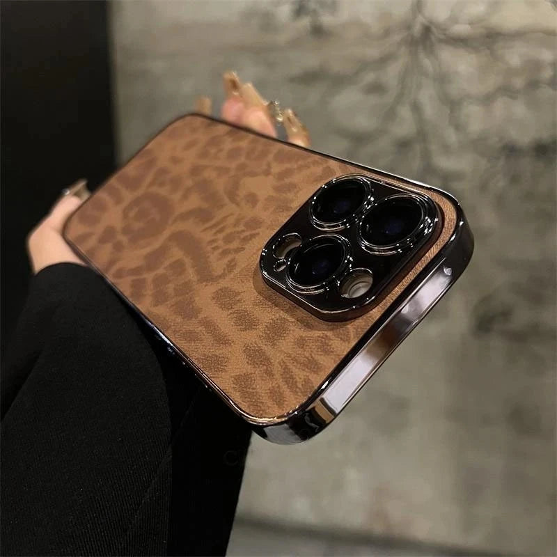 Luxury Leopard Print Leather Phone Case For iPhone 17 Air 11 12 13 14 15 16 Pro Max Plus Fashion Plating Shockproof Bumber Cover