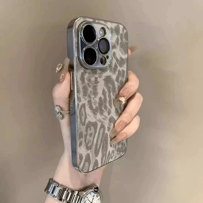 Luxury Leopard Print Leather Phone Case For iPhone 17 Air 11 12 13 14 15 16 Pro Max Plus Fashion Plating Shockproof Bumber Cover