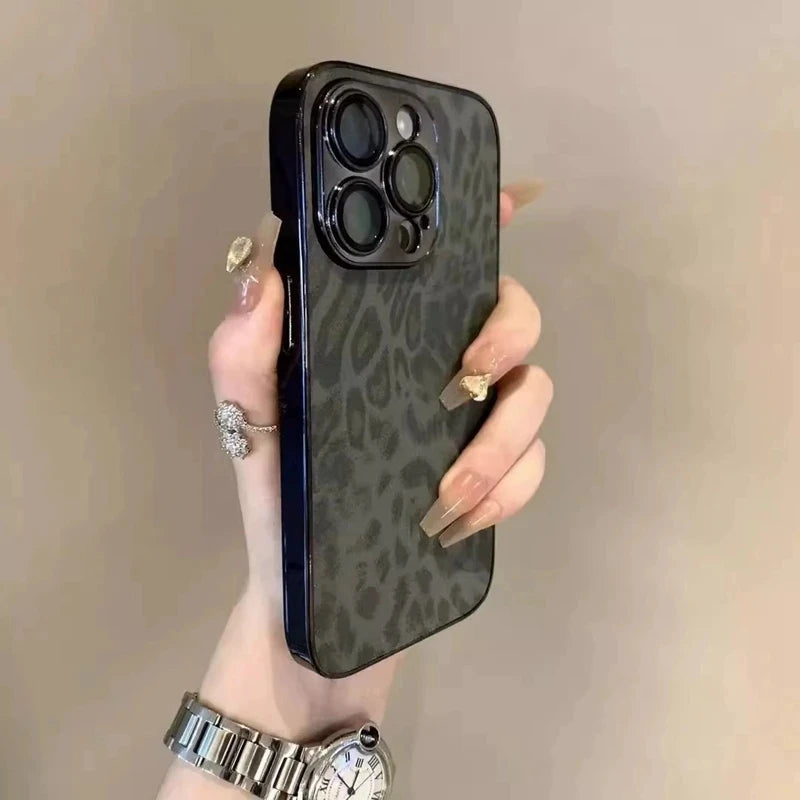 Luxury Leopard Print Leather Phone Case For iPhone 17 Air 11 12 13 14 15 16 Pro Max Plus Fashion Plating Shockproof Bumber Cover