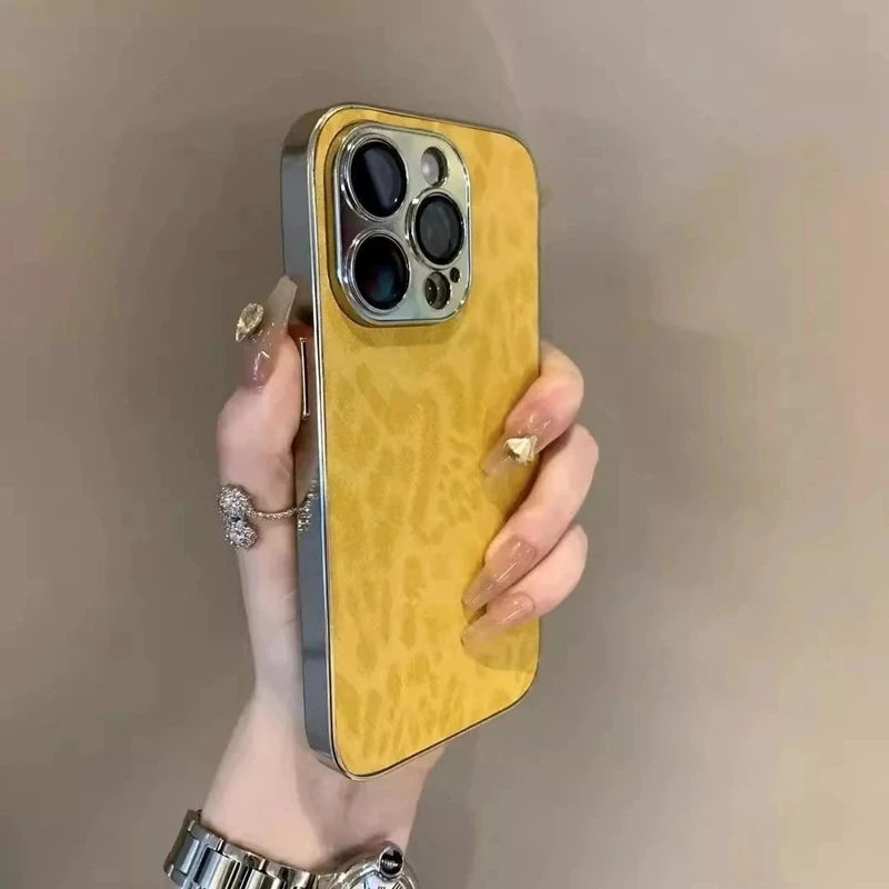 Luxury Leopard Print Leather Phone Case For iPhone 17 Air 11 12 13 14 15 16 Pro Max Plus Fashion Plating Shockproof Bumber Cover