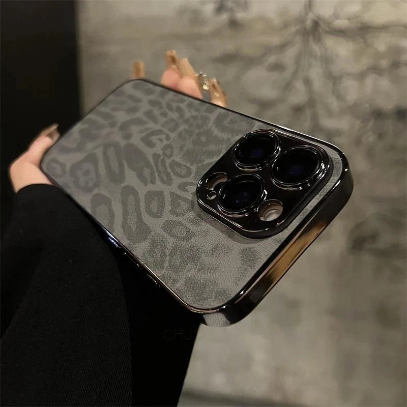 Luxury Leopard Print Leather Phone Case For iPhone 17 Air 11 12 13 14 15 16 Pro Max Plus Fashion Plating Shockproof Bumber Cover
