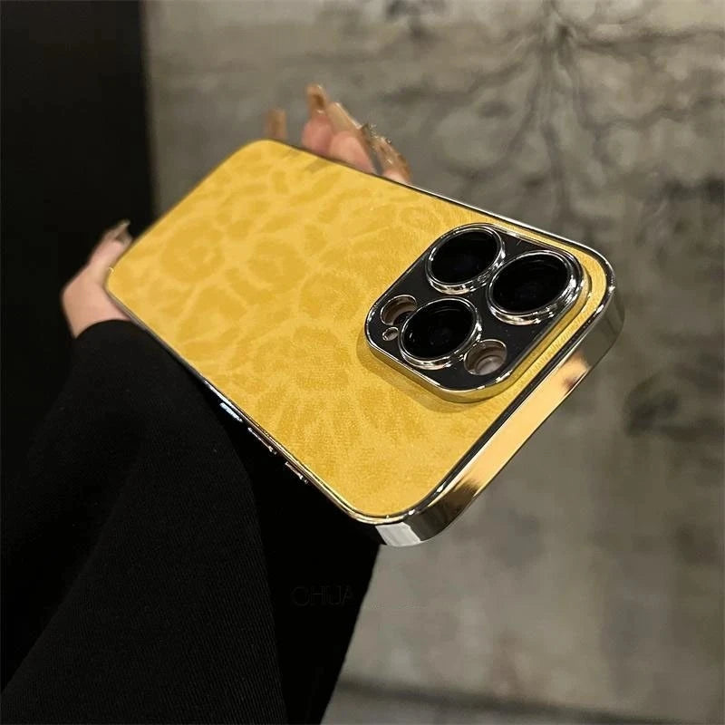 Luxury Leopard Print Leather Phone Case For iPhone 17 Air 11 12 13 14 15 16 Pro Max Plus Fashion Plating Shockproof Bumber Cover