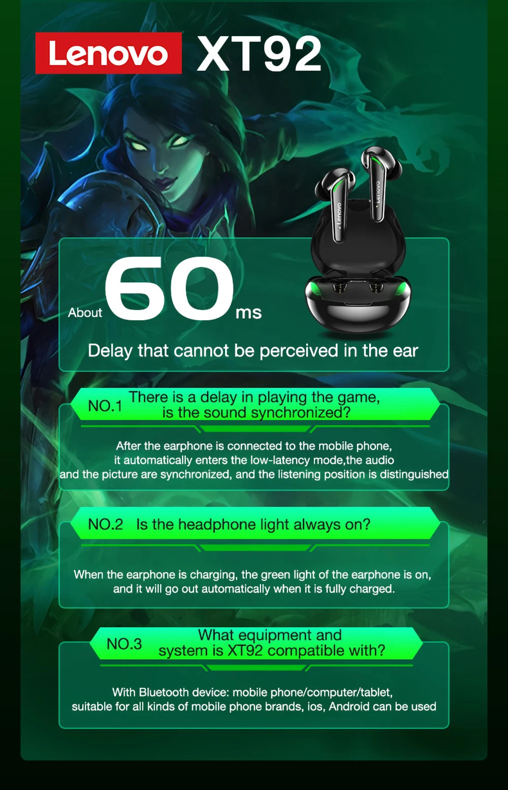 New Original Lenovo XT92 TWS Earphones Wireless Bluetooth Headphones Sports Gaming Headset Dual Stereo HIFI Bass Earbuds