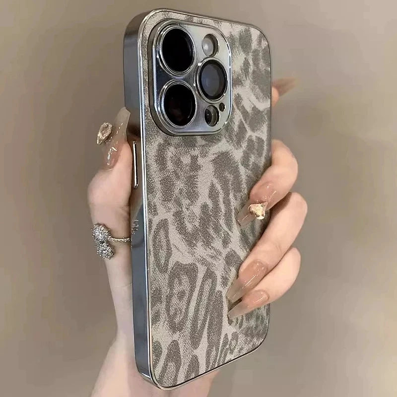 Luxury Leopard Print Leather Phone Case For iPhone 17 Air 11 12 13 14 15 16 Pro Max Plus Fashion Plating Shockproof Bumber Cover