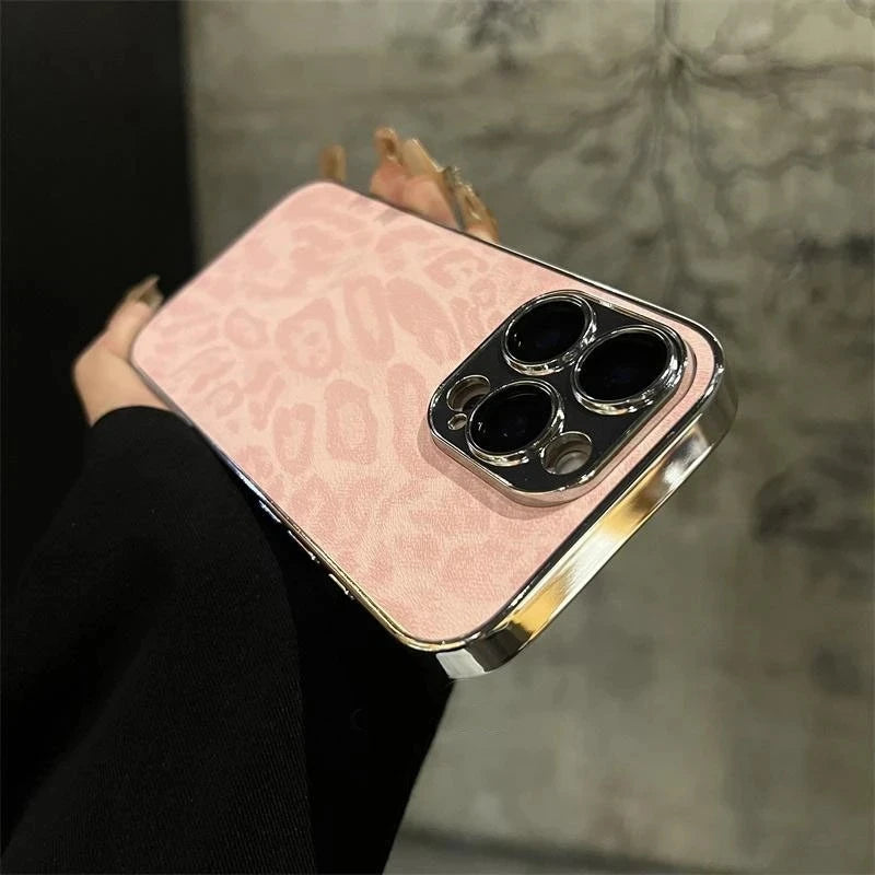 Luxury Leopard Print Leather Phone Case For iPhone 17 Air 11 12 13 14 15 16 Pro Max Plus Fashion Plating Shockproof Bumber Cover