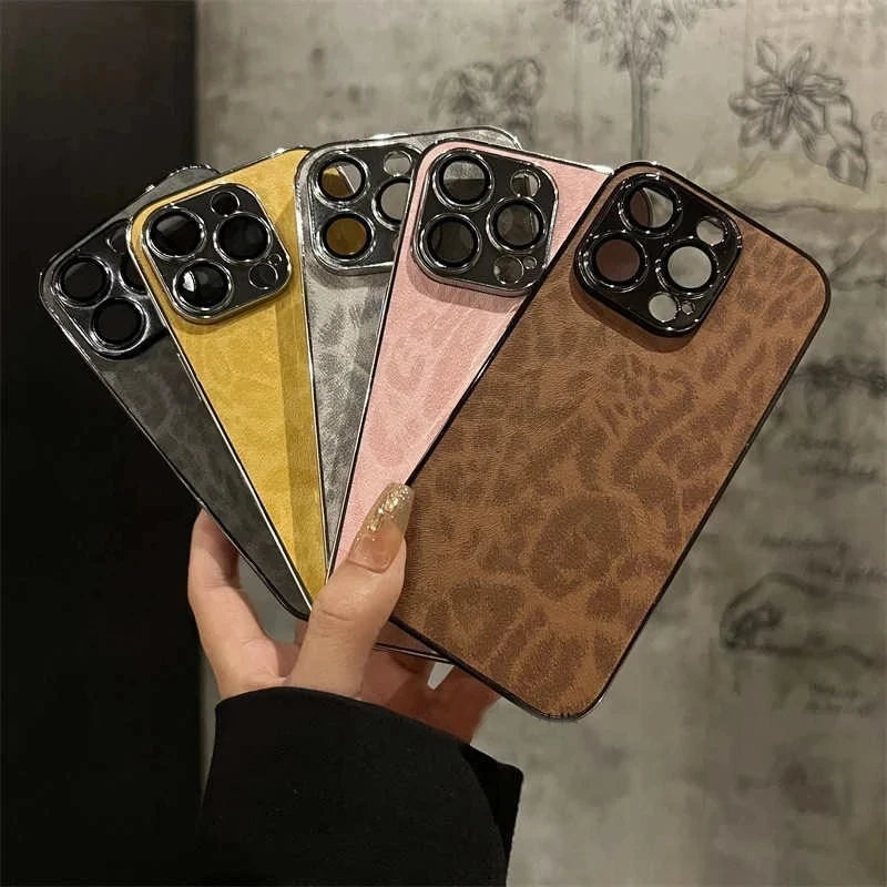 Luxury Leopard Print Leather Phone Case For iPhone 17 Air 11 12 13 14 15 16 Pro Max Plus Fashion Plating Shockproof Bumber Cover