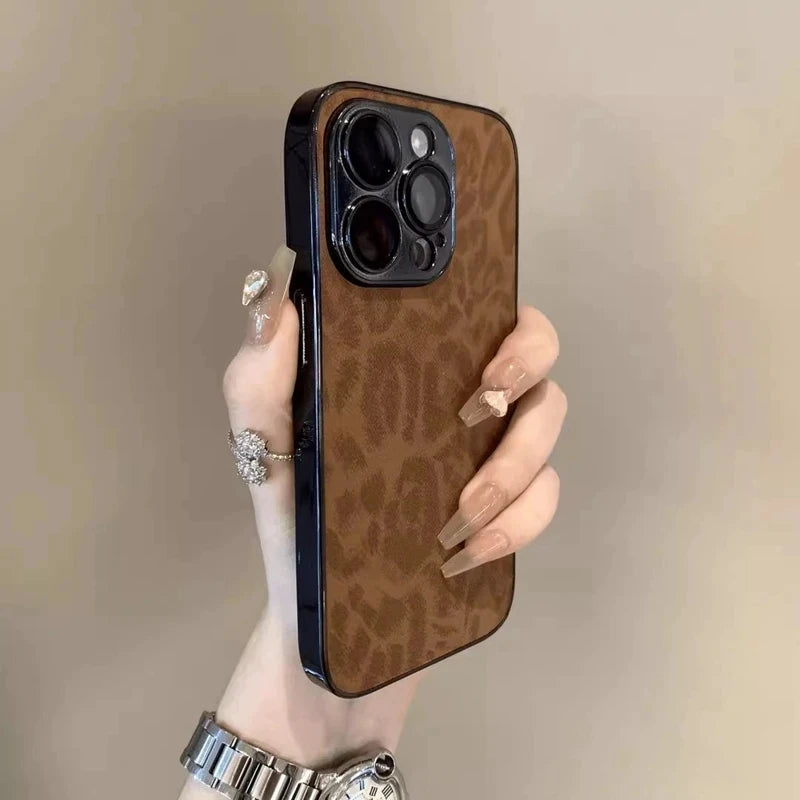 Luxury Leopard Print Leather Phone Case For iPhone 17 Air 11 12 13 14 15 16 Pro Max Plus Fashion Plating Shockproof Bumber Cover