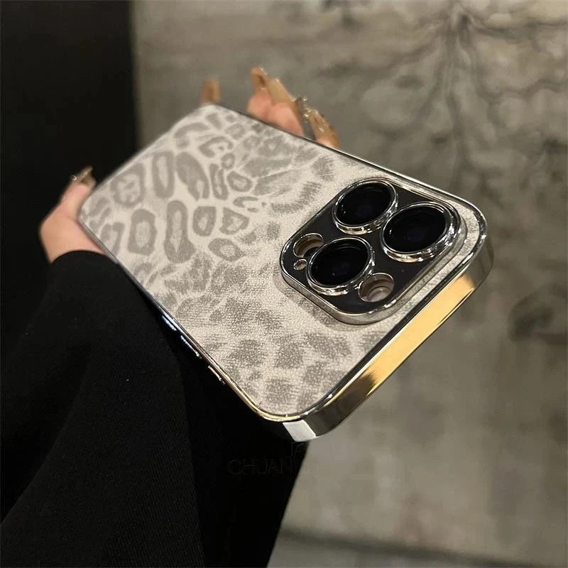 Luxury Leopard Print Leather Phone Case For iPhone 17 Air 11 12 13 14 15 16 Pro Max Plus Fashion Plating Shockproof Bumber Cover